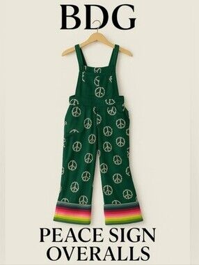 BDG Urban Outfitters Dark Green Floral Peace Sign Overalls Large